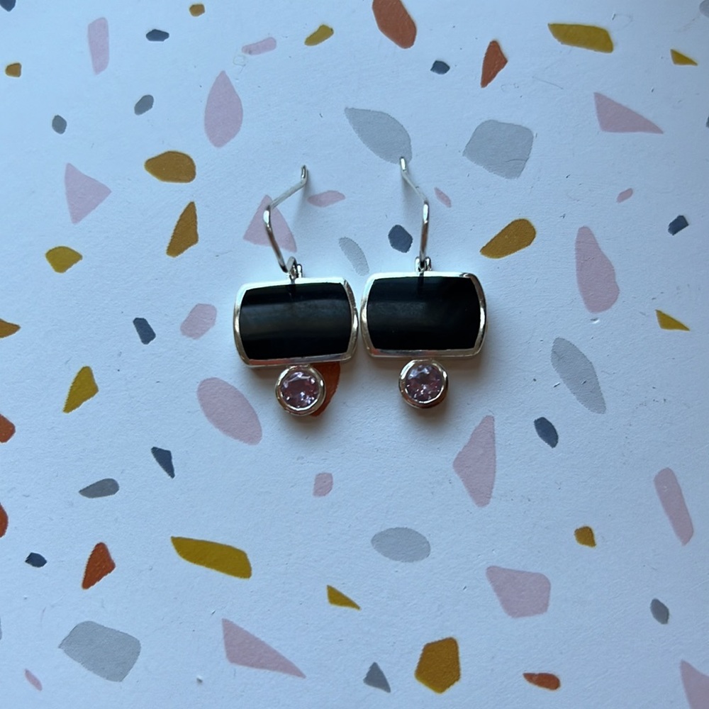 Sterling silver onyx earrings with pink topaz